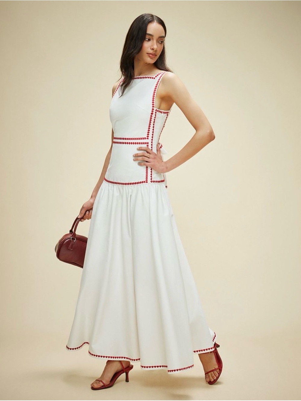 Commense White Maxi Skirt with Red Trim Detailing
